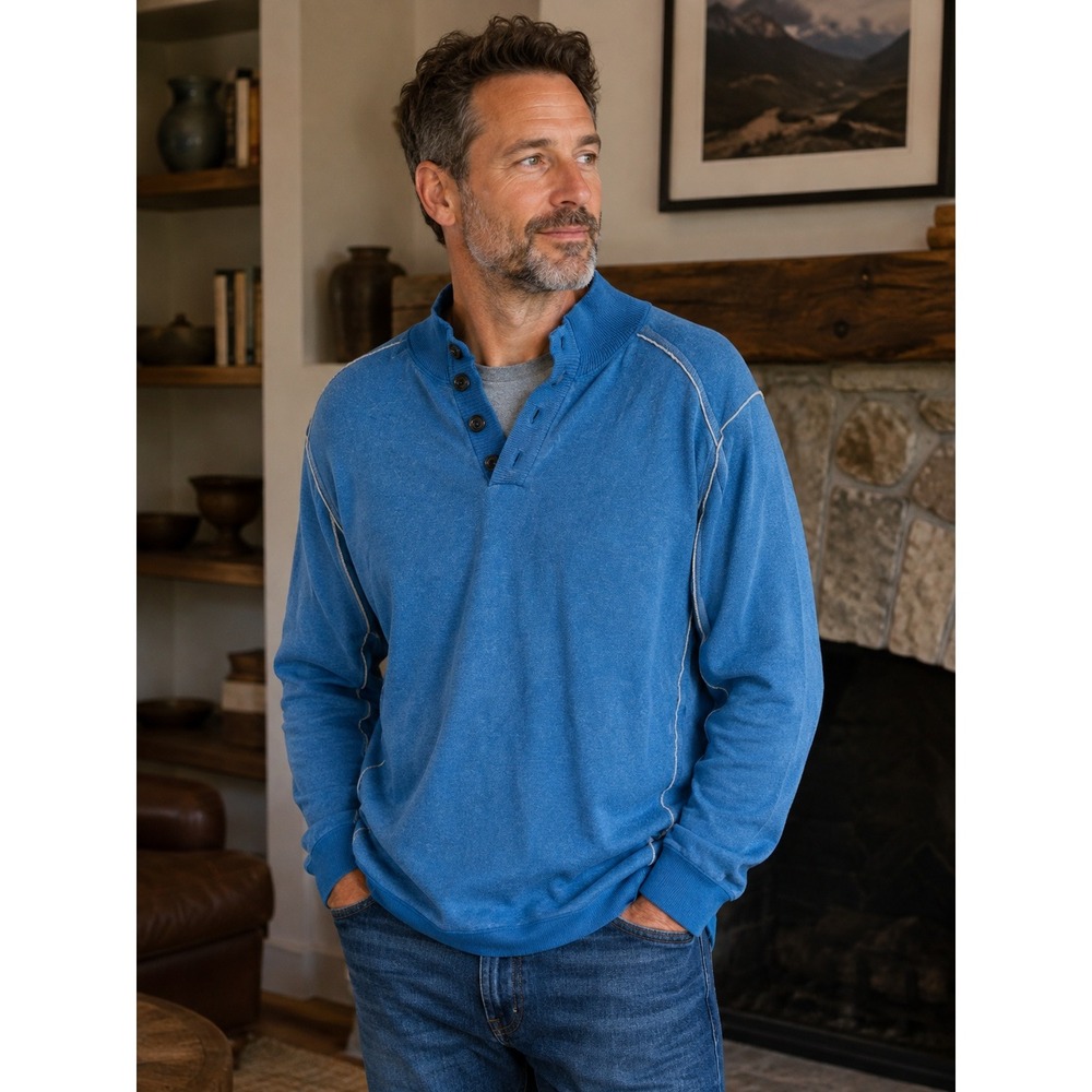 Sundance Mens XL Blue Henley Pullover Contrast Stitch Long Sleeve Rugged Casual